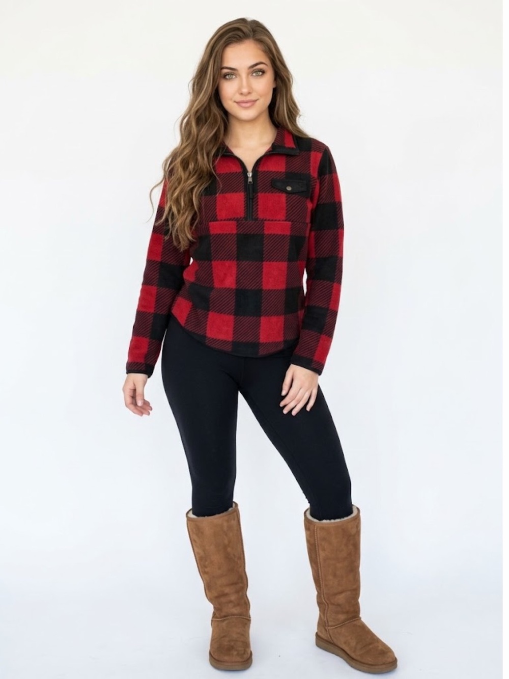 Quarter-Zip C&C Plaid Pullover sweater- Red/Black